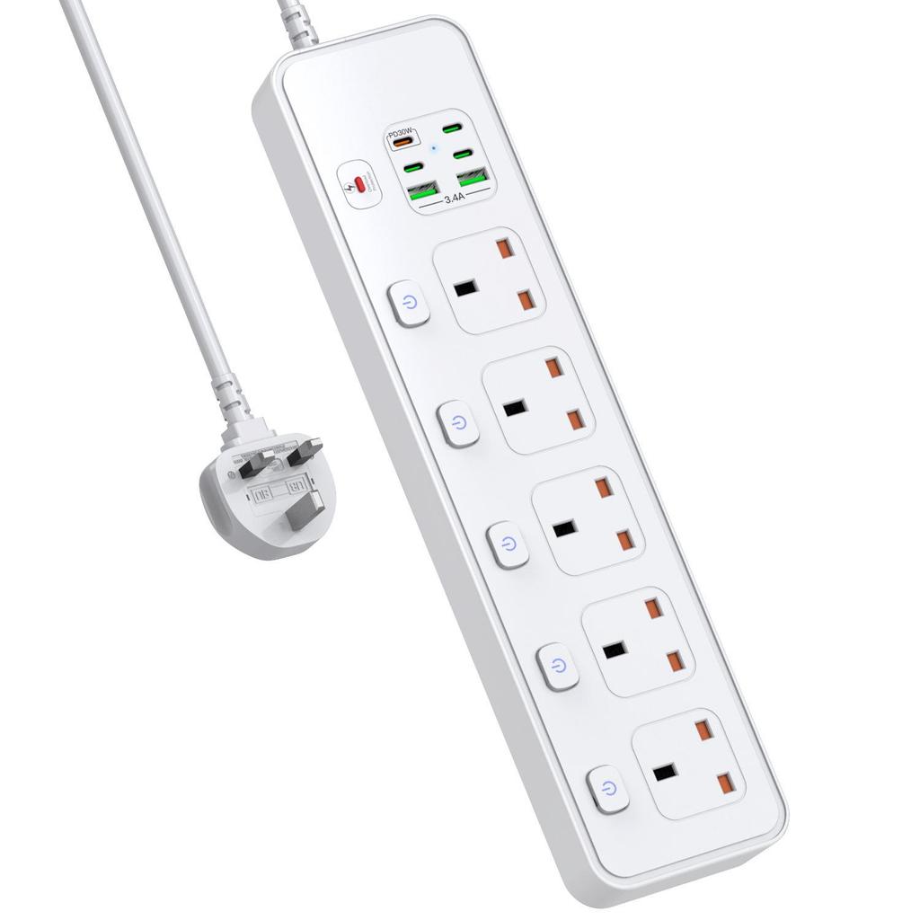 UK Socket Extension Cord with PD30W Fast Charging & Independent Switch Control, 5-Hole Overload Protection