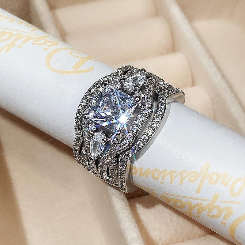 Set de inele de nuntă Noble Lady cu CZ strălucitor Seturi superbe de inele de mireasă de 3 buc. Accesorii delicate de înaltă calitate pentru femei