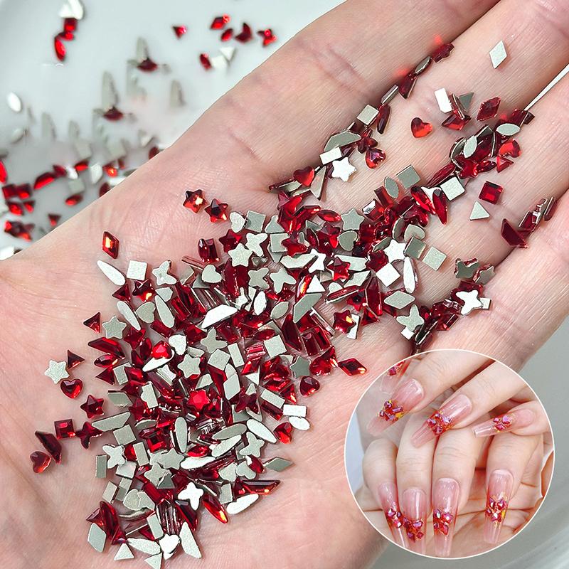 50Pcs Mini Chinese Big Red Flatback Diamonds Star Square Glass Nail Art Rhinestones Decorations Manicure Glitter Ornaments