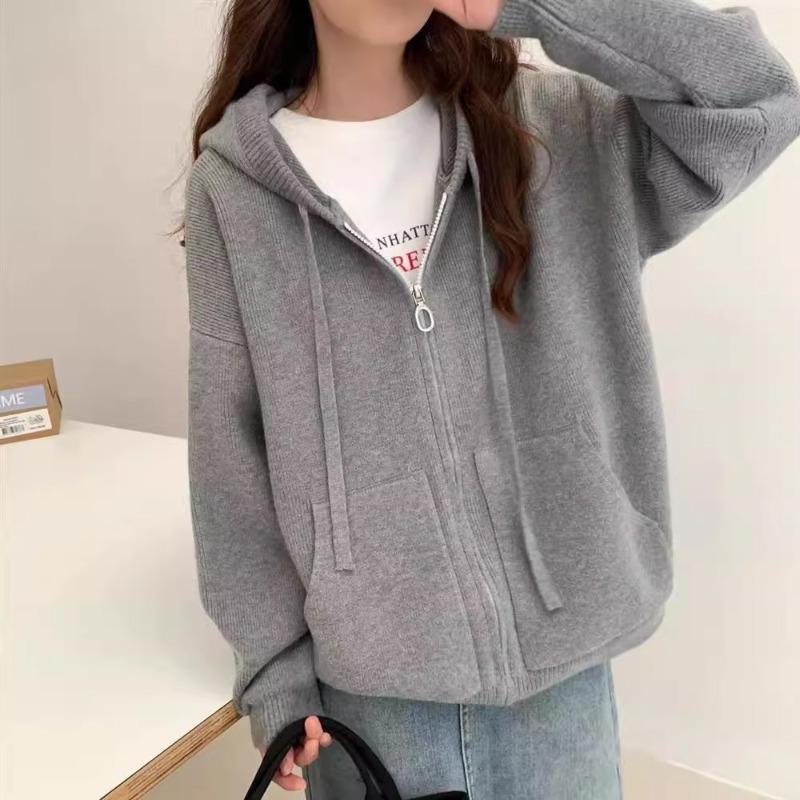 Lazy Wind Double Zipper Hooded Sweater Jacket Women's Autumn and Winter Soft Waxy Casual Loose Knitted Cardigan Top Women