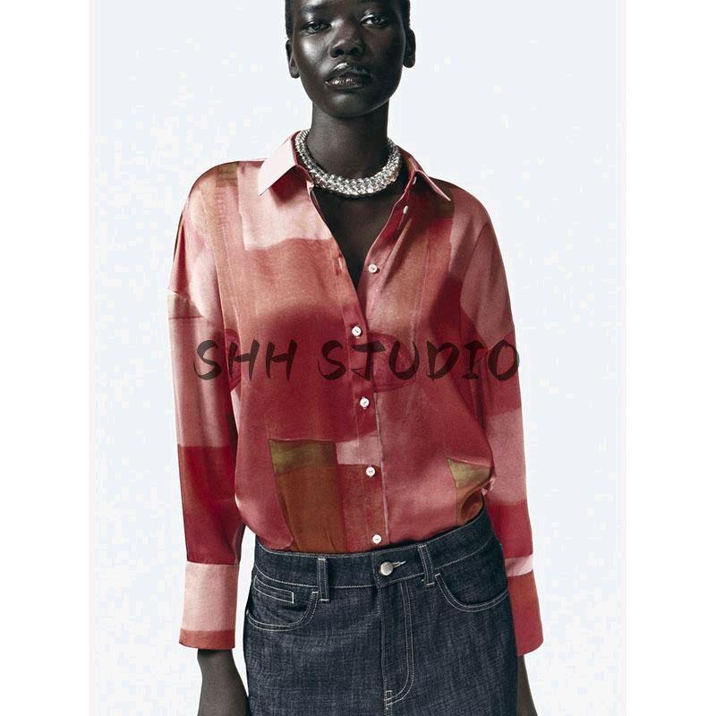 Spring New Women's Clothing French Geometric Figure Print Loose Silk Satin Texture Long Sleeves Shirt 2628188