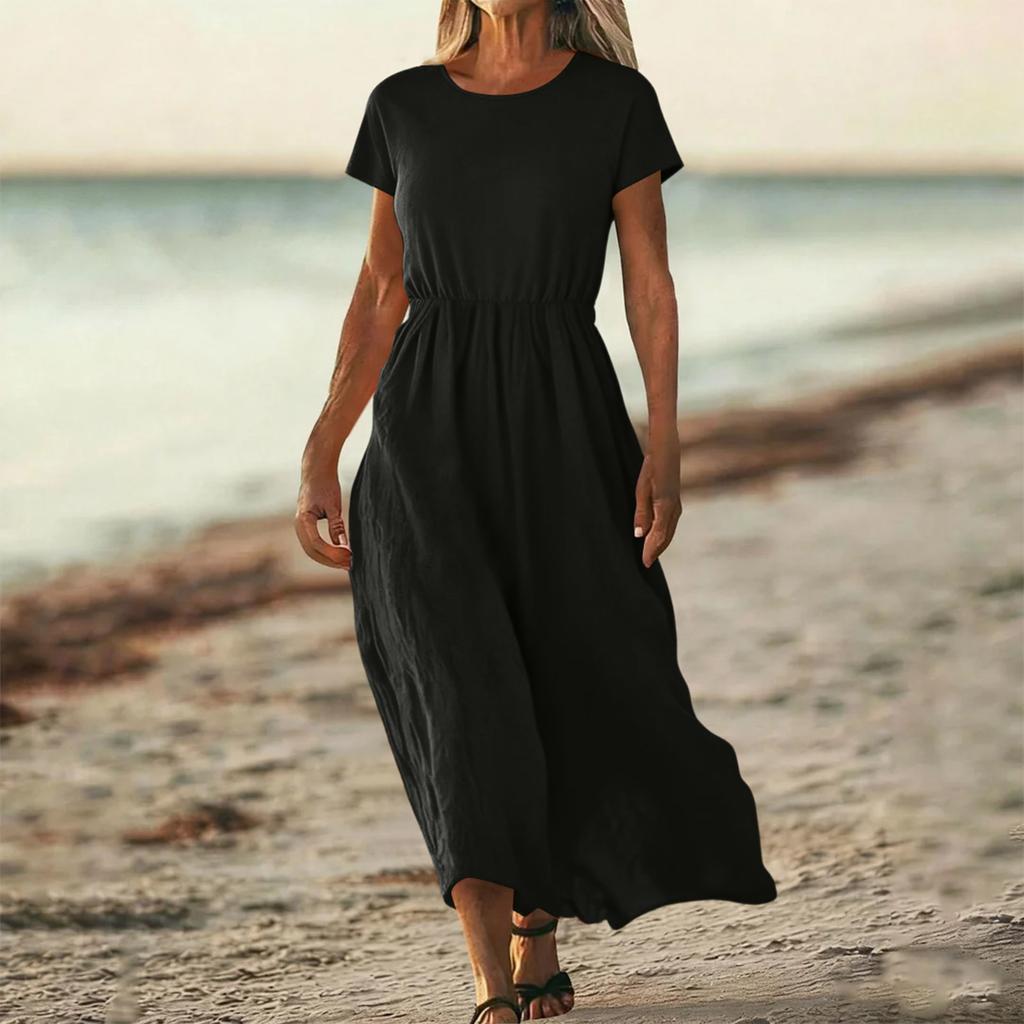 O-Neck Dress For Women Casual Comfy Cotton Linen Short Sleeve Tunic Beach Dresses With Pockets