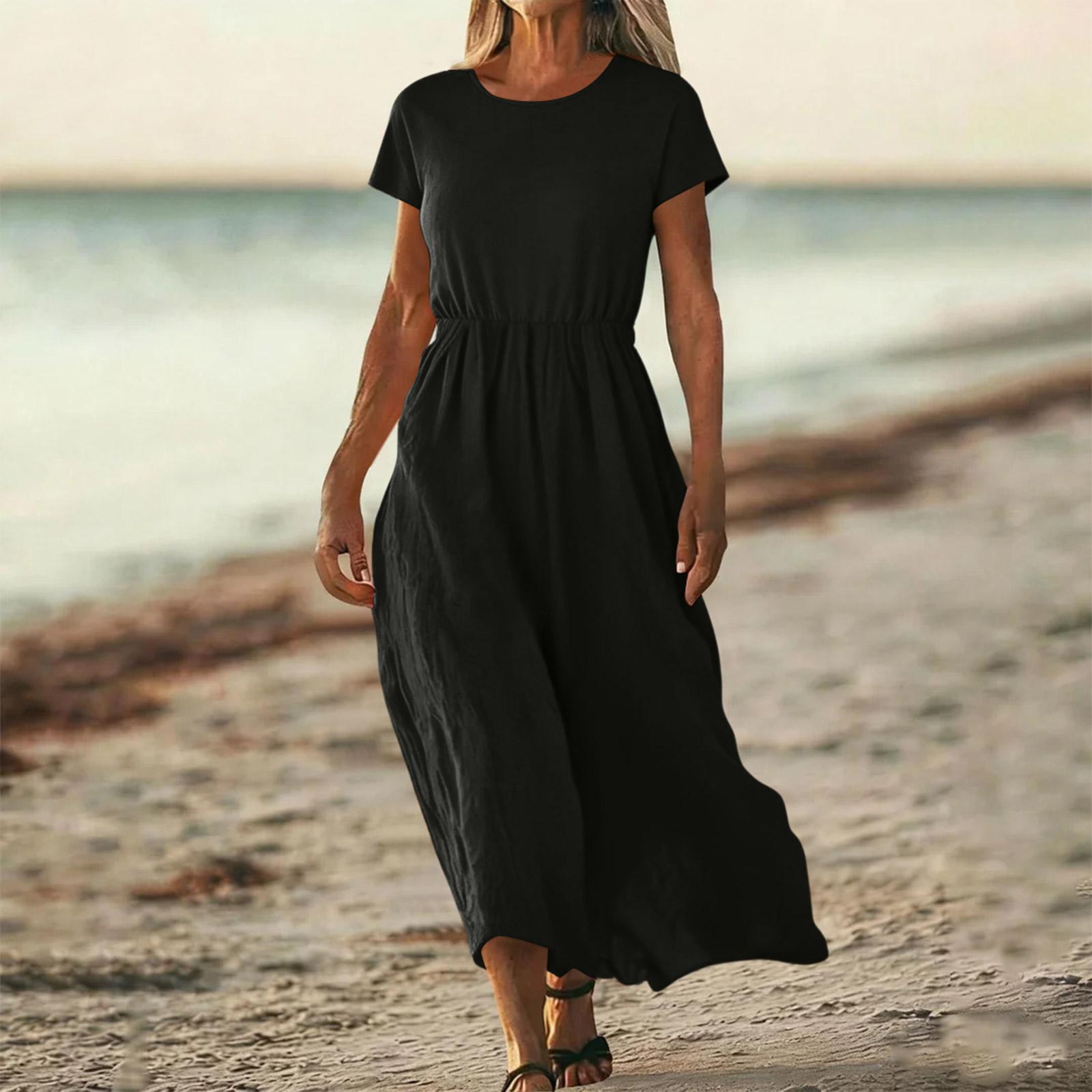 

O-Neck Dress For Women Casual Comfy Cotton Linen Short Sleeve Tunic Beach Dresses With Pockets S чорний
