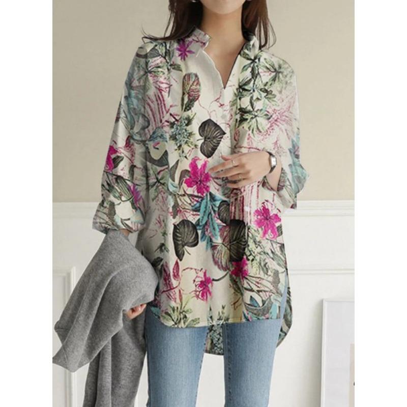 DAFIFY Moda damska Casual Wiosna Jesień Kwiatowy wzór Nadruk Długi rękaw Bluzki i koszule z dekoltem w serek
