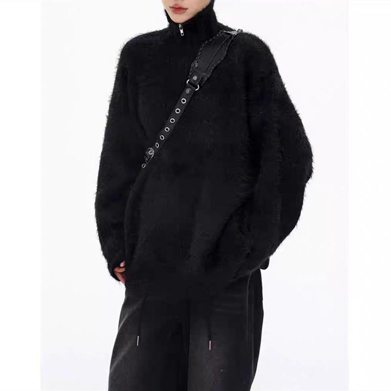 Imitation Mink Turtleneck Women's Knitwear Autumn Winter Half-Zip Sweater Drop Shoulder Knitted Pullover Top