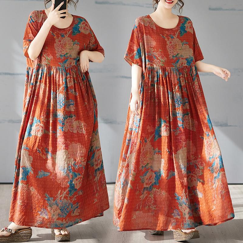 DIMANAF 2025 Summer Plus Size Dress Women Casual Vintage Long Dress Loose Basic Flower Printing Dress