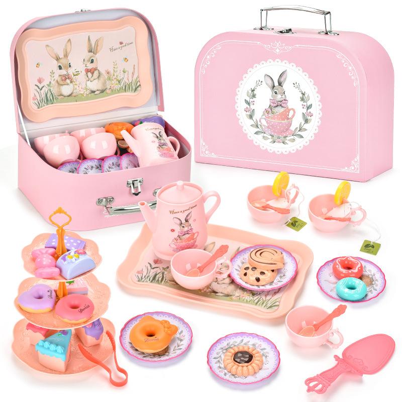 Dinosaurs Tea Party Set For Little Girls Pretend Teapot Set Princess Play Kitchen Plaything With Dessert Carrying Case Birthday Gifts