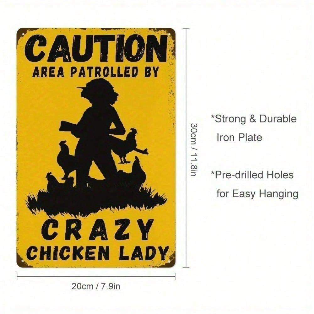 Vintage Tin Sign Crazy Chicken Lady Warning, Retro Farmhouse Coop Bar Wall Art, Funny Poultry Yard Decor