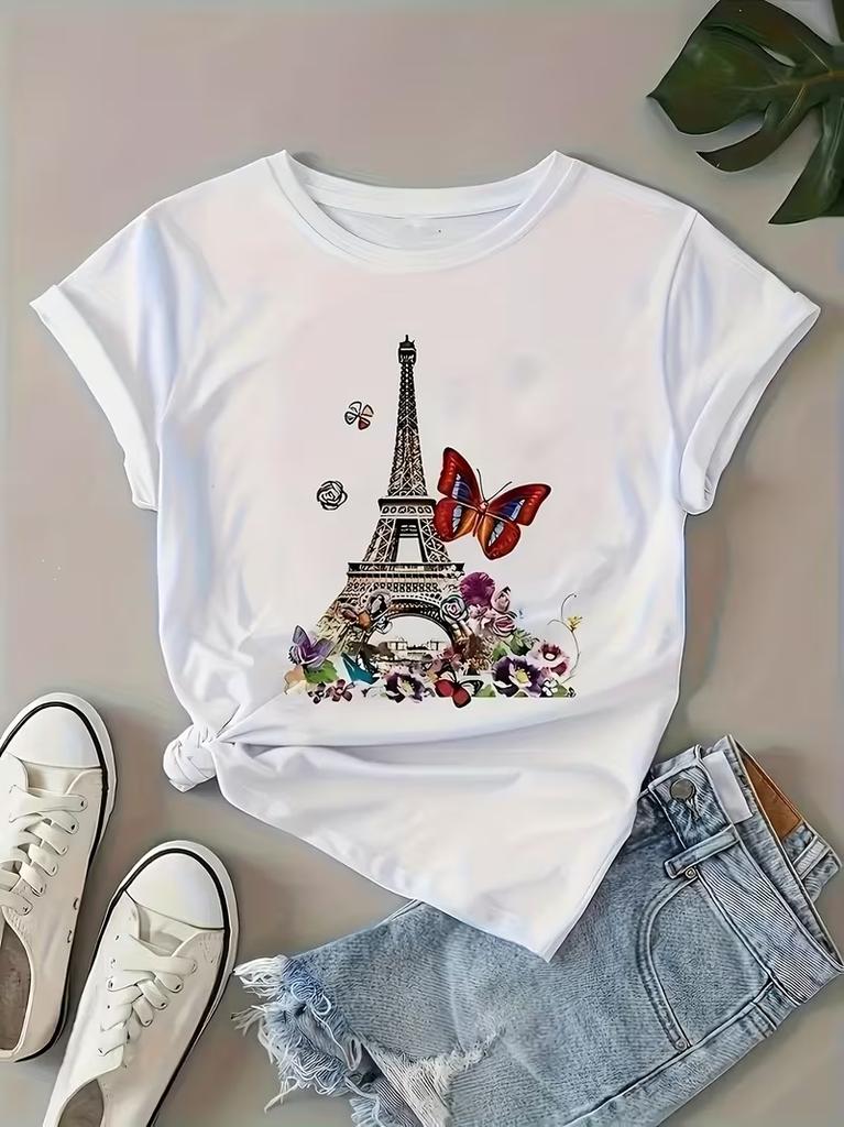 Unisexs Paris Eiffel Tower Graphic Tee Leopard Floral Letter Print Crew Neck Short Sleeve Casual Daily TShirt