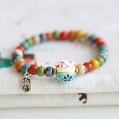 Roztomilý náramek s kočkou pro štěstí pro dívky, nastavitelné barevné korálkové náramky