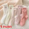 1/5 Pairs Women's Thickened Mink Socks Pink Heart Embroidery Plush Sleepwear Solid Color Warm Middle Tube Autumn Winter Home Socks