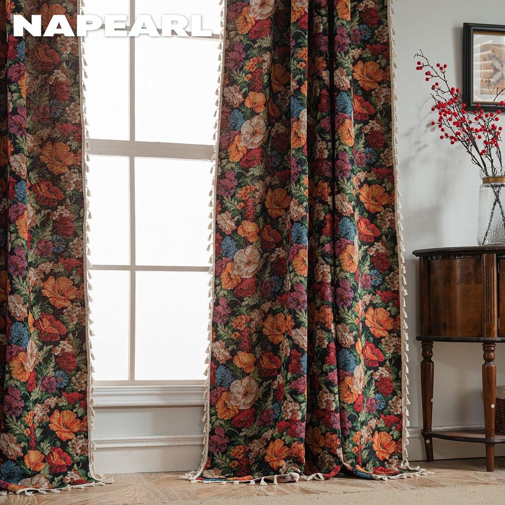 1 ks NAPEARL 40-70% Zatemňovací Retro Venkovský Styl Květinový Vzor Okraj s Třásněmi Závěsy pro Malé Okno Ložnice Obývací Pokoj Balkon Domácí Dekorace