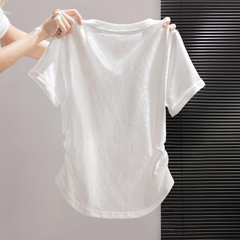 Women's V-Neck Pleated Printed Short Sleeve T-Shirt