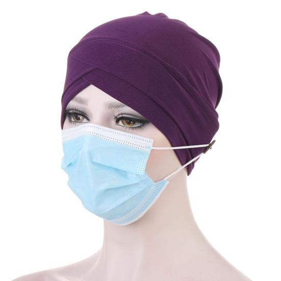 Women Solid Color Front Cross Beanie Bonnet Breathable Hat Cap with Button