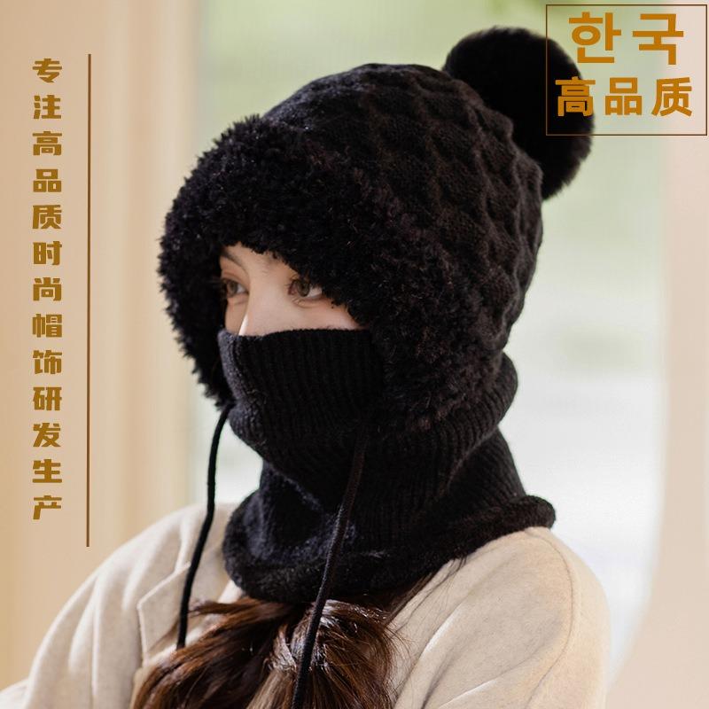 One-piece knitted hat women's autumn and winter velvet thickened mask ear protection wool hat outdoor cold big head suitable for thermal hat