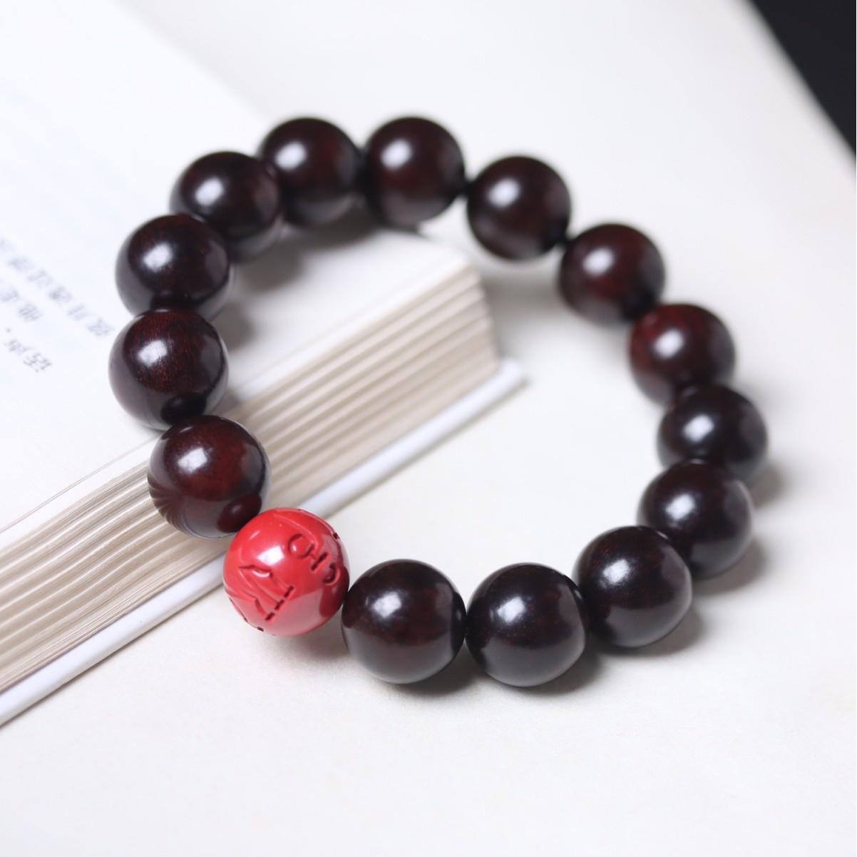 Six-Syllable Mantra Bracelet/Hand Chain with Dalbergia Melanoxylon and Imperial Cinnabar Beads