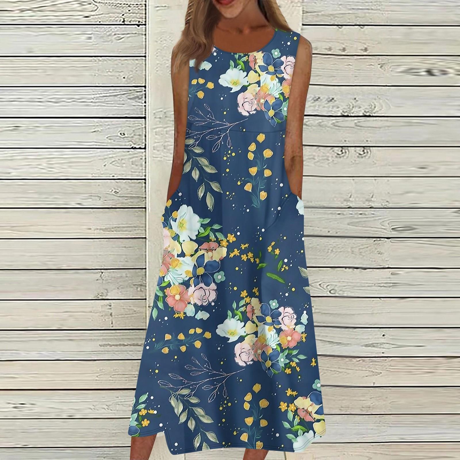 

Жен. Повседневные платья с принтом Круглый вырез Классический Классический На открытом воздухе Повседневные Без рукавов Свободные платья XL синий