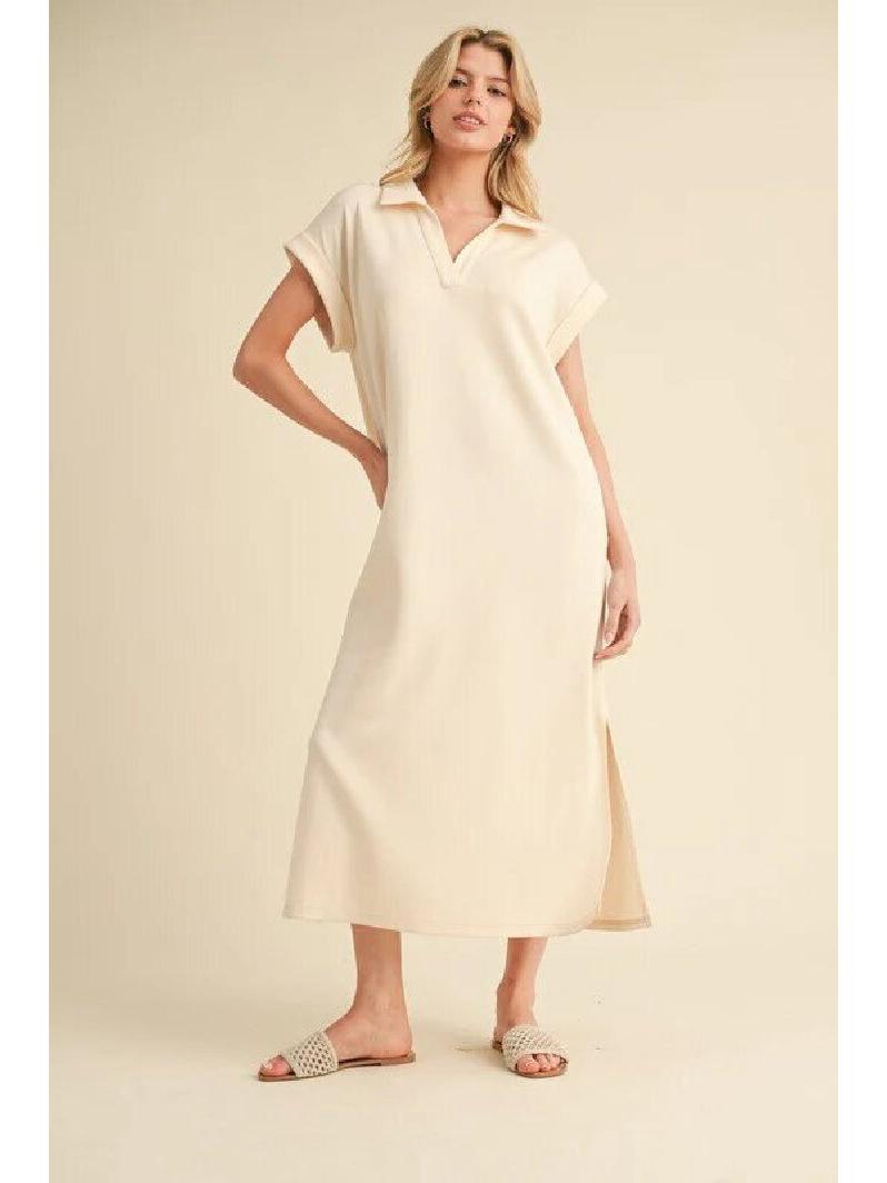 2026 Women s Solid Color Lapel Midi Dress - Casual and Loose Fit L бежевый