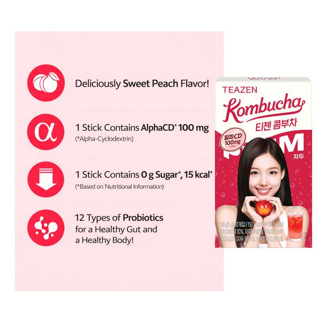 Teazen Kombucha Melon Glutathione 30 Sticks, Plum Alpha-CD 30 Sticks (12 Options)