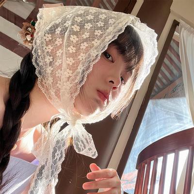 French Solid Color Lace Headscarf Spring and Summer Travel Versatile Sweet Cute Pastoral Style Triangular Hair Scarf for Women