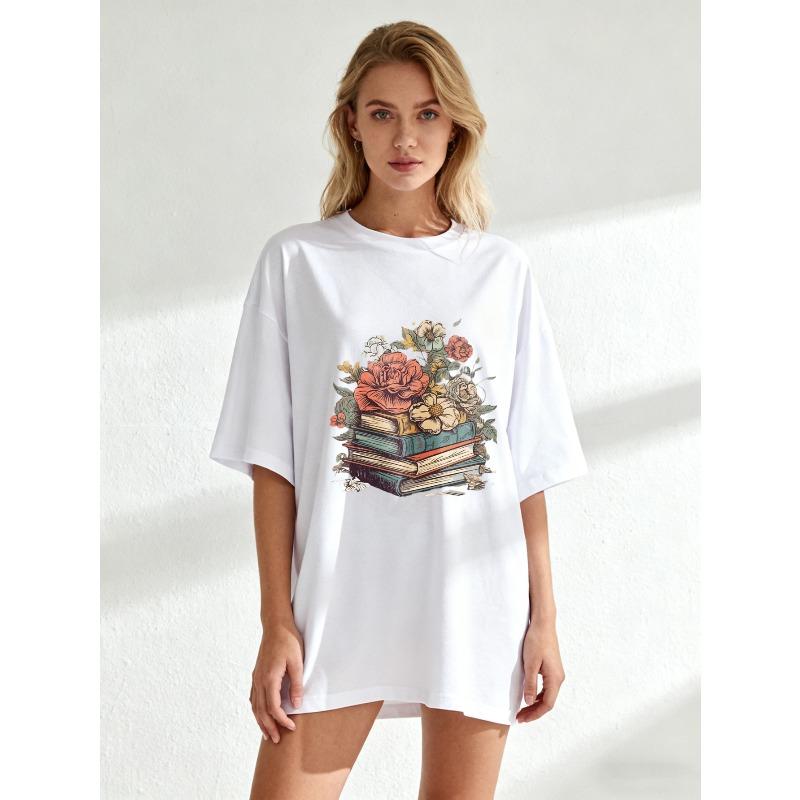 Black Oversized T Shirt With Stack Of Books And Flowers Print For Casual Wear And Reading Lovers