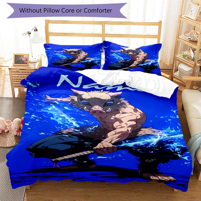 3pcs Custom Name Demon Slayer Bedding Set Duvet Cover Closure Includes 1 Duvet Cover & 2 Pillowcases, Soft and Comfortable for All Seasons.