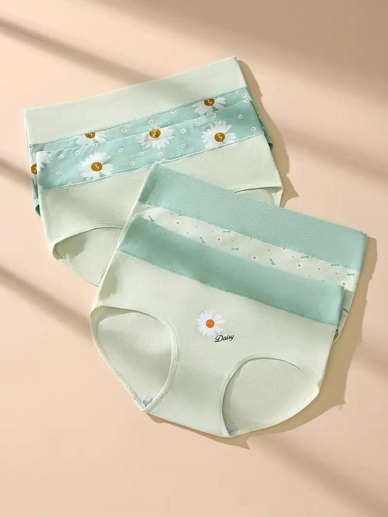 4Pcs High Waist Panties Women Breathable Cotton Underwear Cute Print Seamless Briefs Intimates