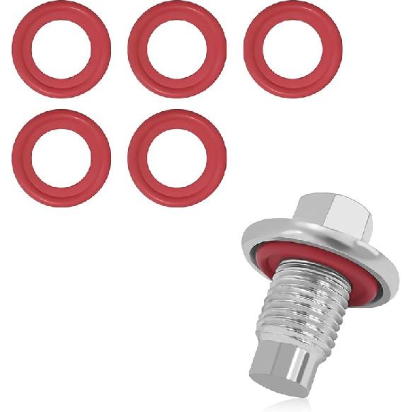 M12*1.75 Magnetic Oil Drain Plug with 5PCS Rubber Crush Washer Oil Pan Drain Plug Gasket, Stainless Steel Sump Drain Nut Bolt Anti Leakage