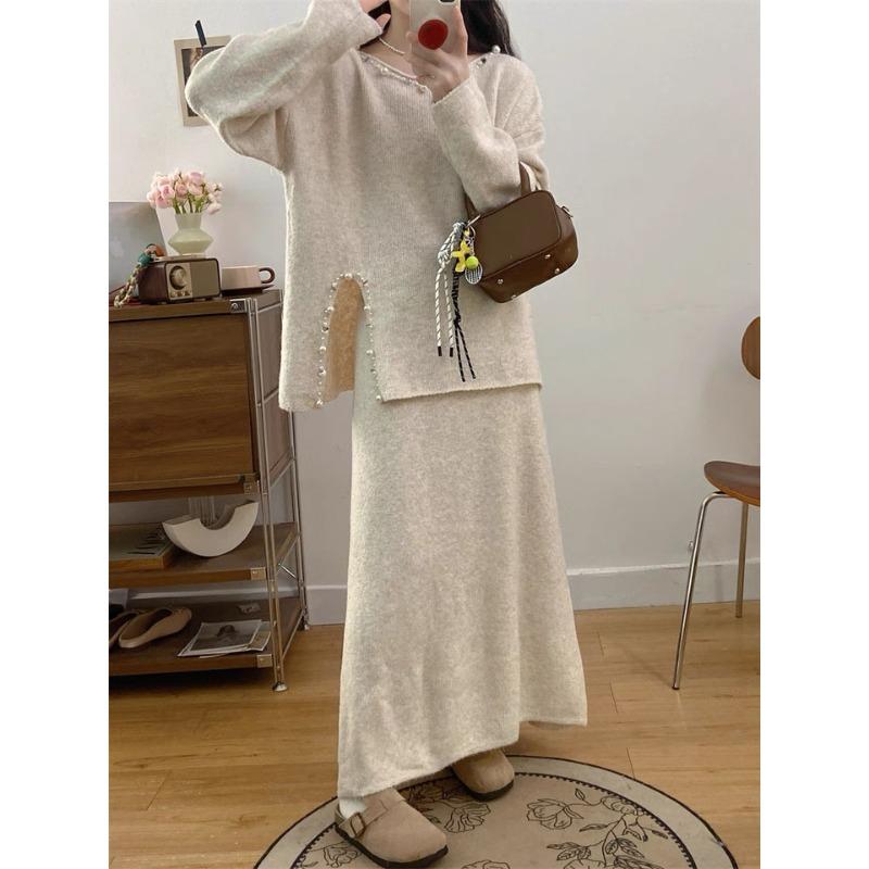 

Ленивый пуловер с разрезами по бокам, юбка, женский комплект из двух предметов, осенне-зимний, большого размера, вязаный юбочный комплект one size fits all