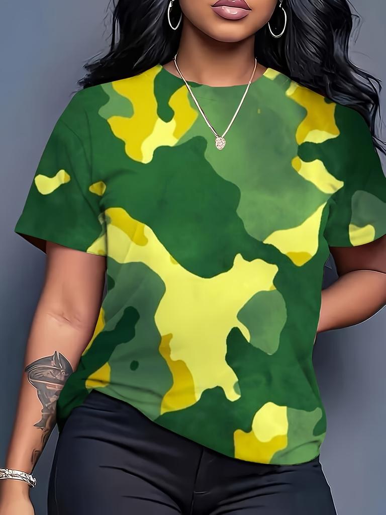 Women's Printed Geometric Camouflage Pattern T-Shirt- Y Casual Short-sleeve Round-neck Top. Available in Plus Sizes. Machine Washable. Summer Fashion