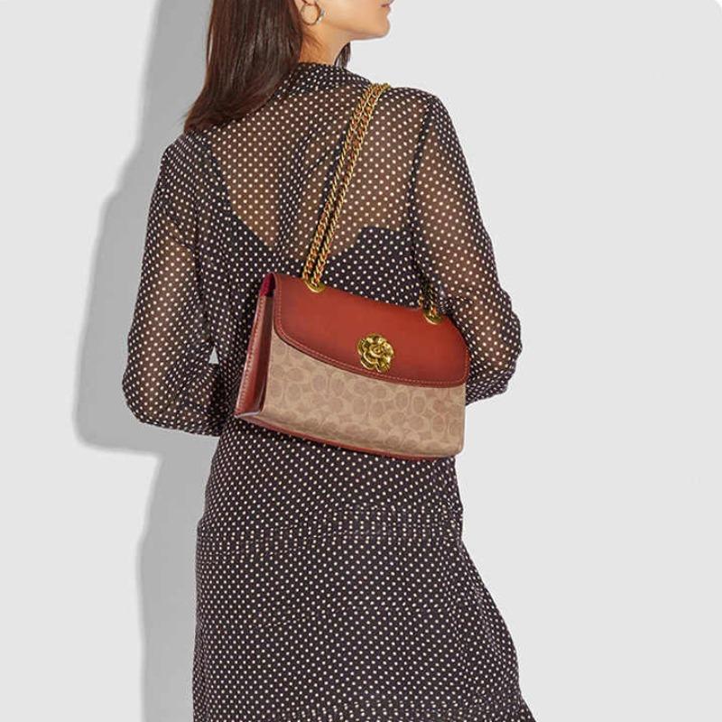 COACH Parker 26 Classic Presbyopia Camellia Printed Chain Coated Canvas Hand Shoulder Bag Women's Brown
