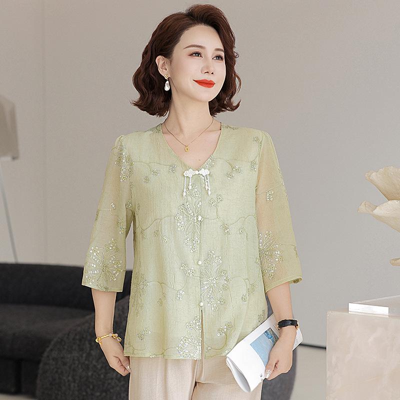 

2026 Spring/Summer Elegant Slimming Shirt: Age-Defying, Tummy-Concealing Fashion for Middle-Aged & Elderly Women 5XL (73-78 kg) зелёный