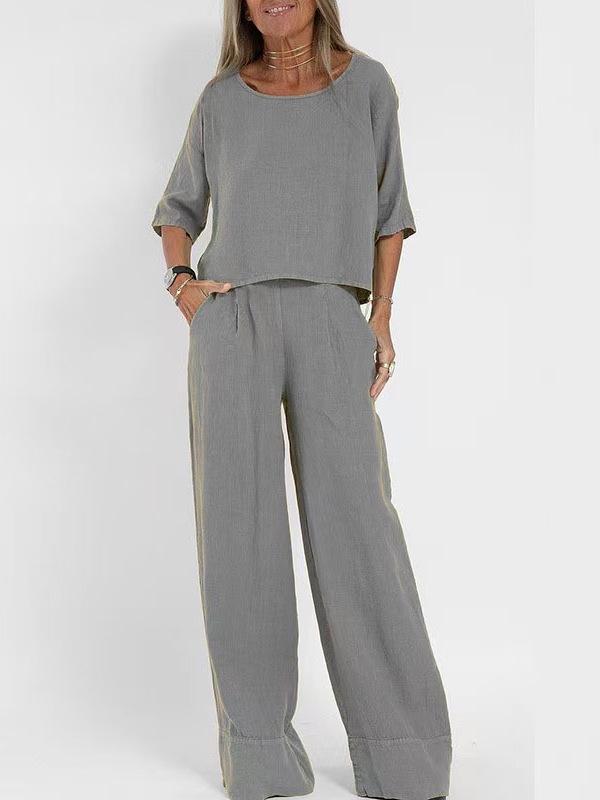 Women's Casual Cotton-Linen Two-Piece: Pocket Trousers & Short-Sleeve Pullover Top for Spring/Summer.