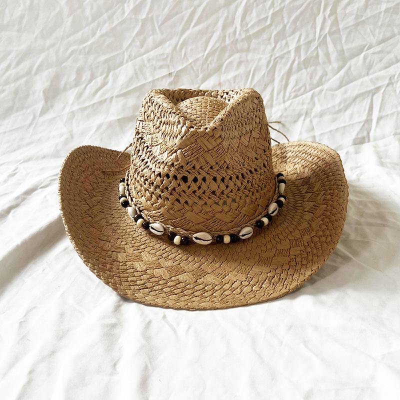 Bohemian Shell Bead Design Straw Beach Hat Men Women Wide Brim Cowgirl Hat Stylish Handmade Hollow Rolled Edge Sunscreen Caps