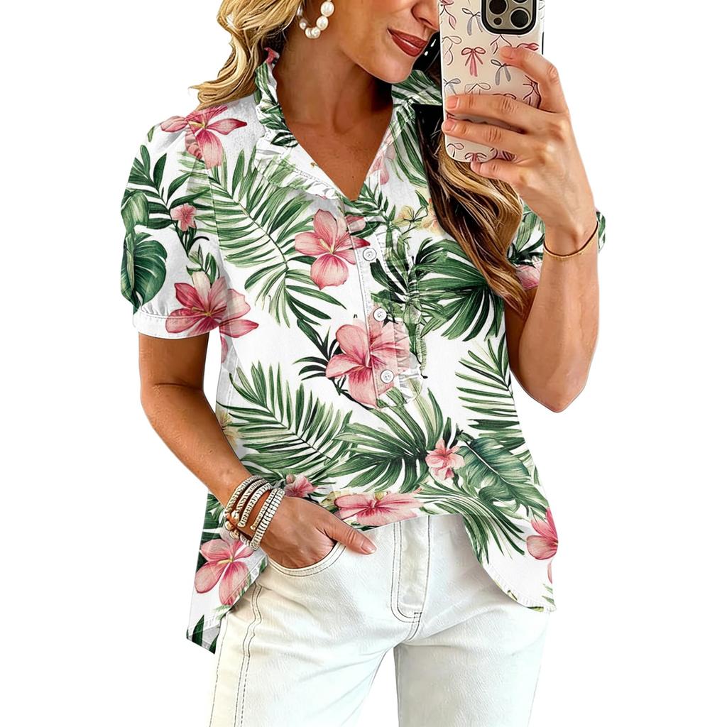 Women’s Casual Ruffle V Neck Top with Hawaiian Tree Print Short Puff Sleeve Button Down Relaxed Fit Summer Blouse