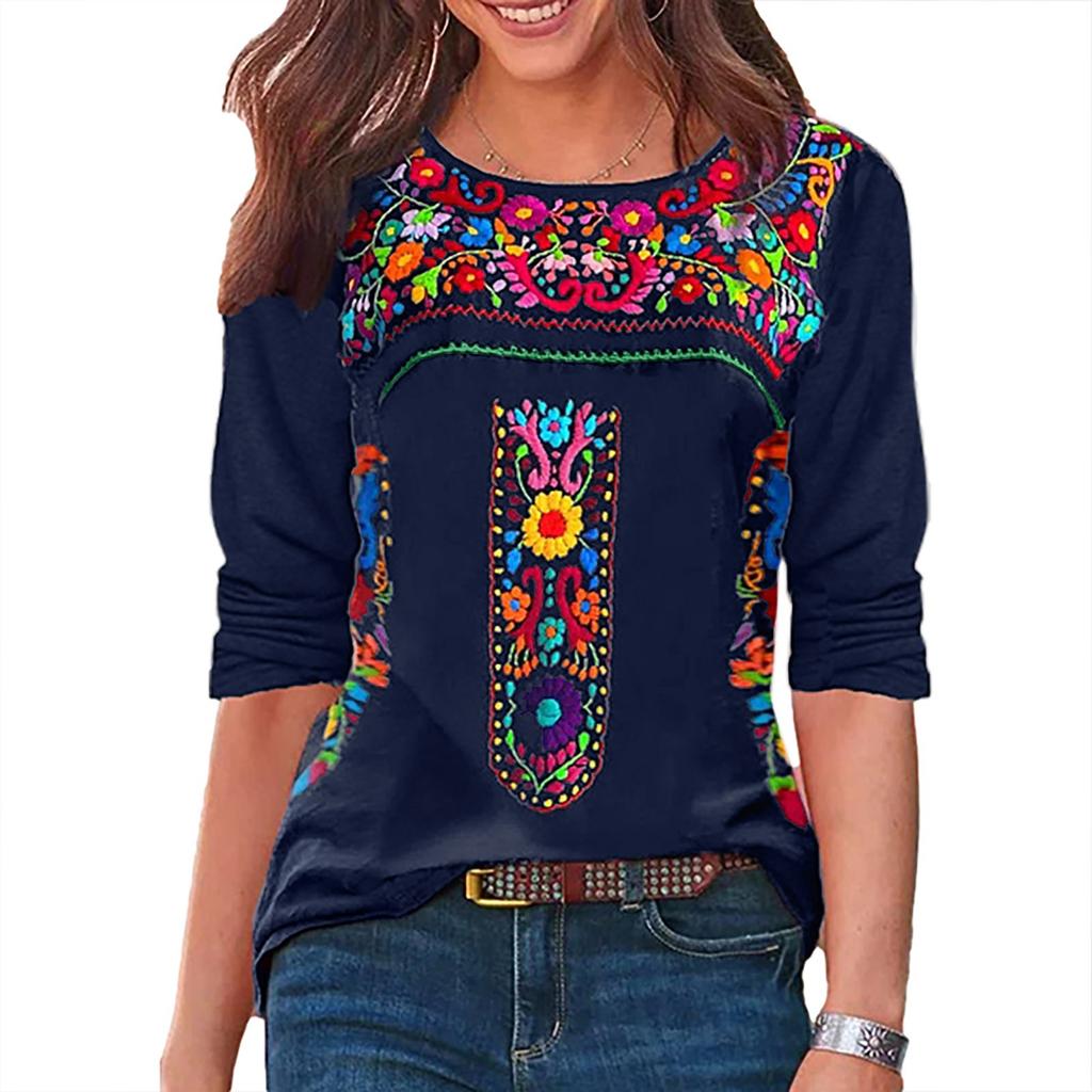 Women's  Ethnic Bohemian Print Round Neck Long Sleeve Loose T-Shirt