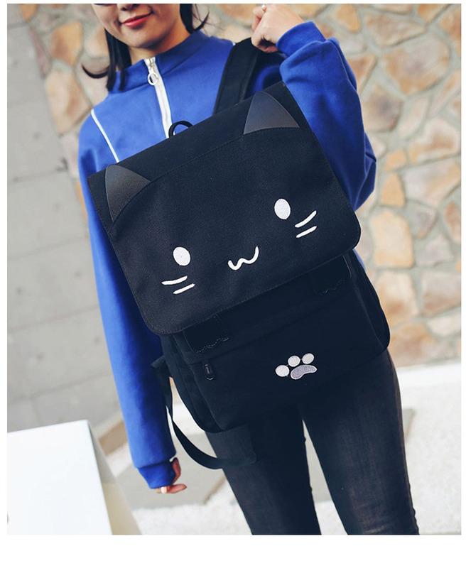 SCIONE Niedlicher Katzen-Segeltuch-Rucksack mit Cartoon-Stickerei, Teenager-Mädchen-Schule, modischer Rucksack, Mochilas-Tasche