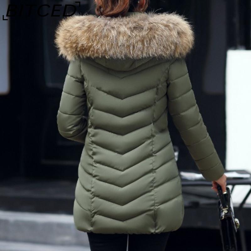 BITCED Winter Coat for Women - Mid-Length Slim-Fit Cotton Jacket with Large Fur Collar and Down-Filled Quilted Design