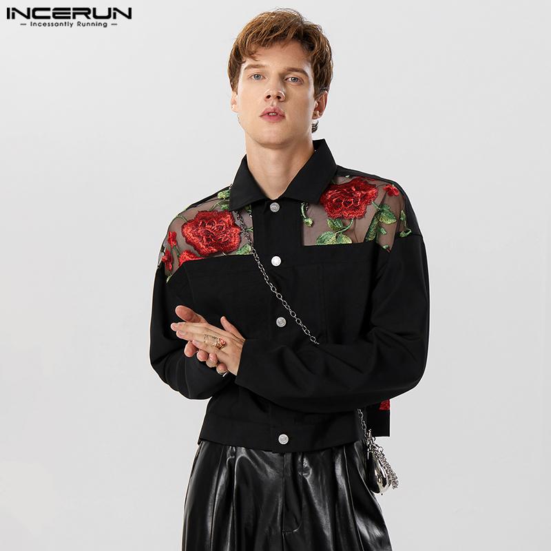 

INCERUN Мужская модная розовая кружевная жаккардовая лоскутная куртка с длинными рукавами