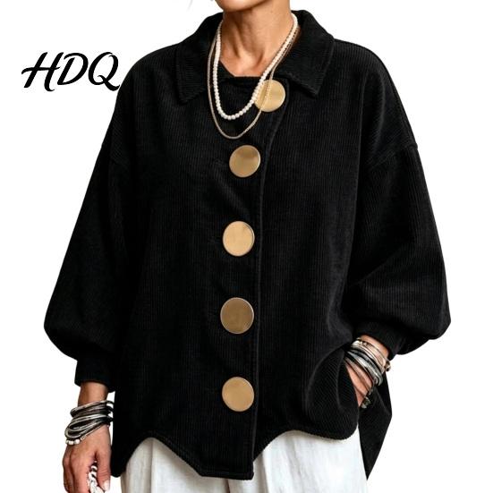 Laternenärmel Mantel Damen Cordjacke mit großen Metallknöpfen Lässig Damen für Herbst Winter Lockere Passform Oversized Kragen Oberbekleidung Knopfleiste