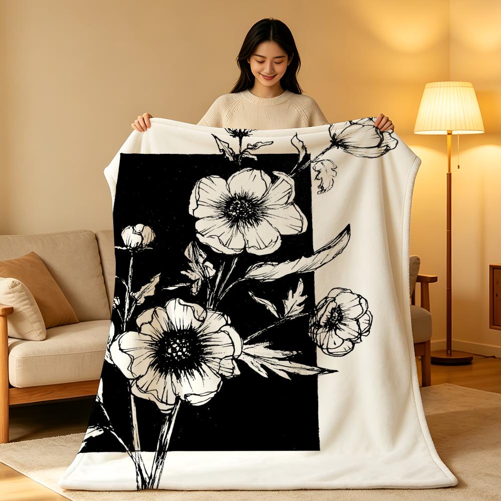 Art B-Black a-and W-White Floral Throw High-Density Short Plush Blanket Soft Skin-Friendly for Sofa Nap Air-Conditioned Room