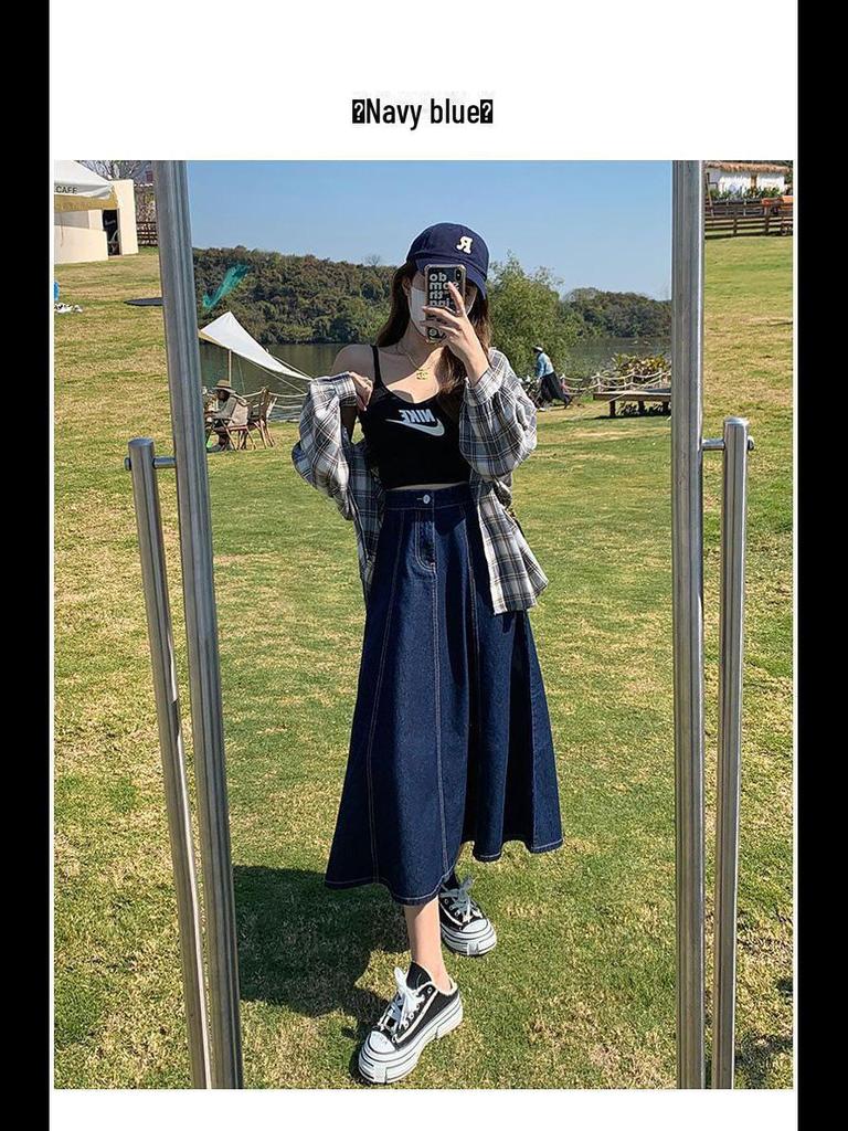 Plus Size Women's High-Waist A-Line Denim Skirt - Long, Slim, Fishtail Design for Summer and Autumn