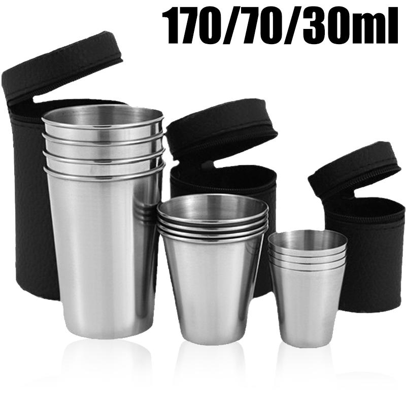 4Pcs Stainless Steel Mugs with Cup Cover Outdoor Portable Wine Cup 30ml/70ml/170ml Mini Reusable Mugs for Juice Beer Whisky