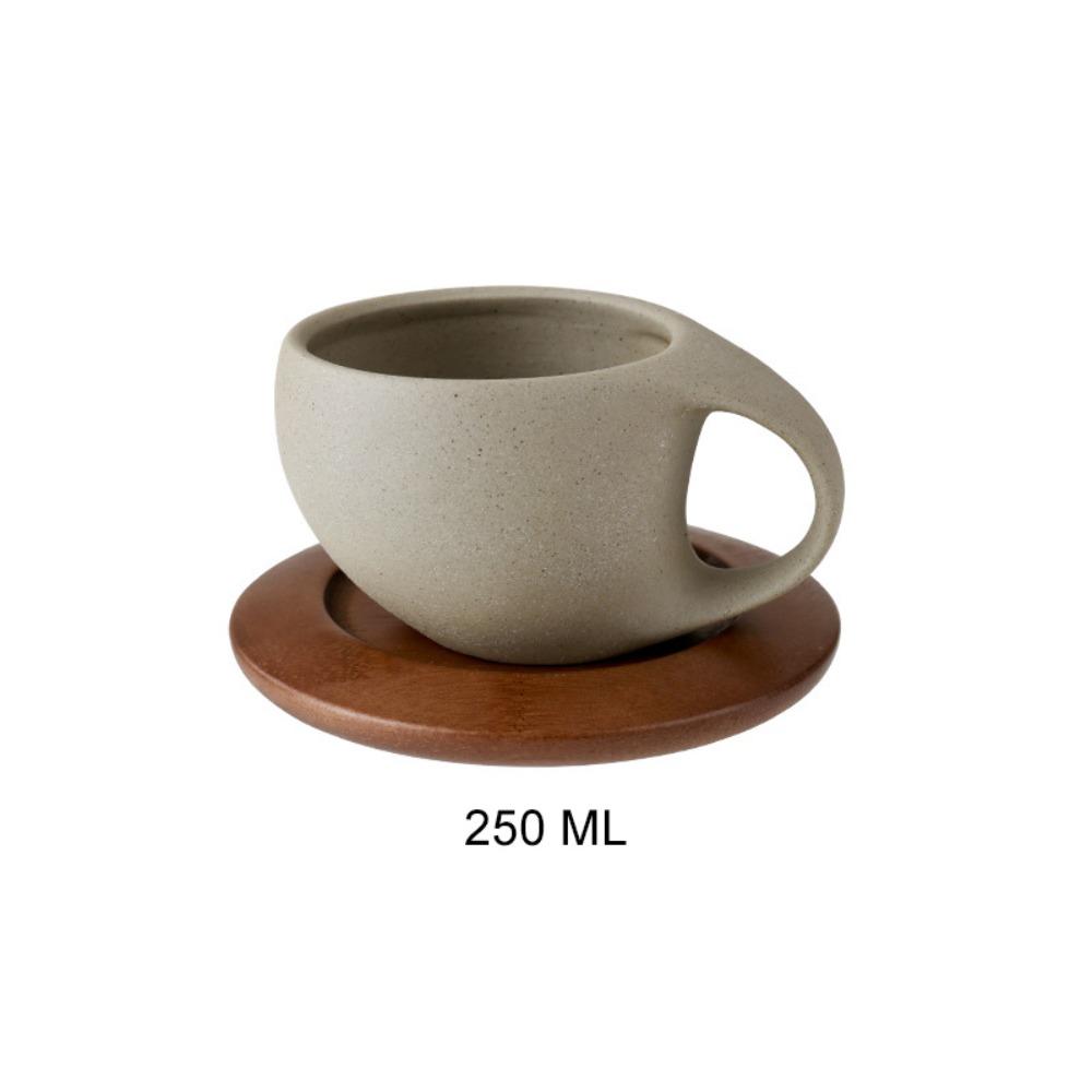 Mit Holzuntertasse Grobkeramik Moderne Kunst Kaffeetasse Abgerundeter Griff Keramik-Teetasse Nachmittagstee