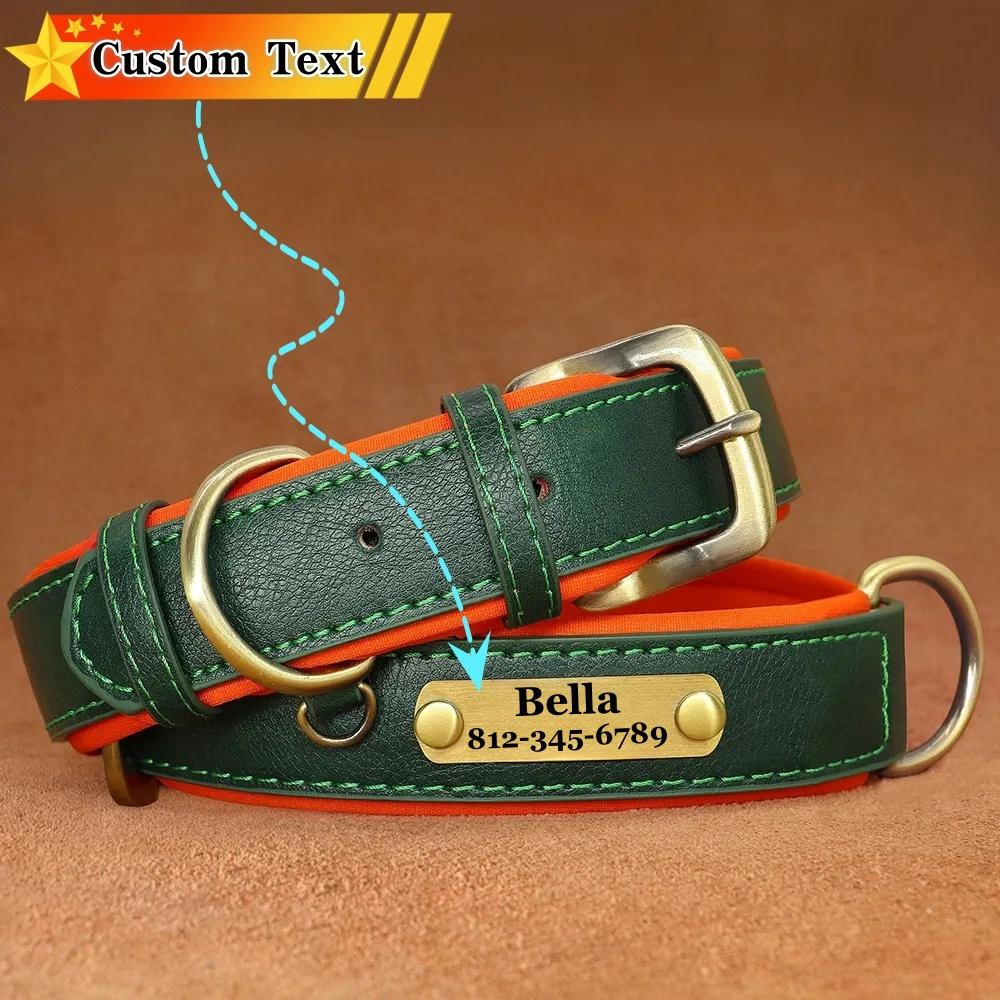 Customized ID Nameplate Dog Collar PU Leather Soft Padded Dog Collars Free Engraving Name for Small Medium Large Dogs Adjustable
