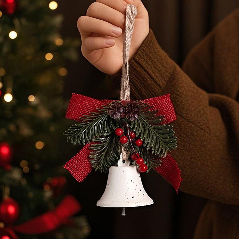 Creative Christmas Bell Pendant Retro Exquisite Xmas Tree Pendant with String Artificial Pine Metal Bow Bells Entrance Porch