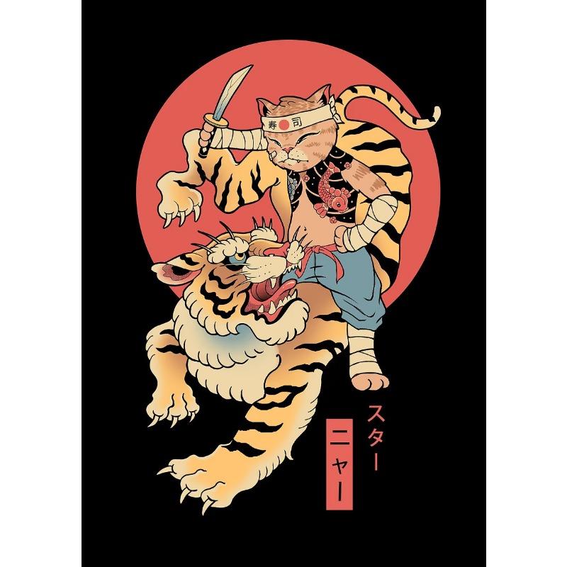 Japon Retro Tarzı Dövme Samuray Kedi Ramen Karikatür Posterleri Baskıları Tuval Boyama Duvar Sanatı Resim Oturma Odası Ev Dekorasyonu