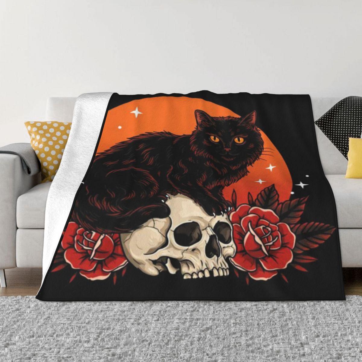 Gothic Floral Cat With Skull Dark Cute Aesthetic Custom Home Decor An Ultra-Soft Micro Fleece Blanket 50x60in