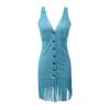 Deep V-strap Sexy Tassel Dress Fashion Summer Sleeveless Party Slim Fit Short Dress Streetwear Elegant Buttons Solid Color Casual Clothing