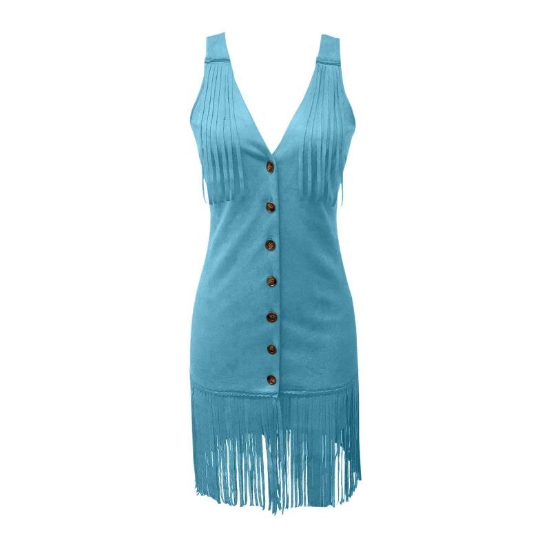 Deep V-strap Sexy Tassel Dress Fashion Summer Sleeveless Party Slim Fit Short Dress Streetwear Elegant Buttons Solid Color Casual Clothing
